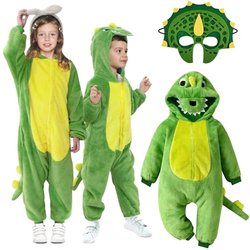 LEACCO Dinosaurier Kostüm Kinder Jungen Mädchen 3-7 Jahre Karneval Kostüm Dino Kinder 92 98 104 110 116 122 128 Dino Kostüm Kinder Dino Onesie Jumpsuit Kind T Rex Drachen Kostüm Kinder für Faschings