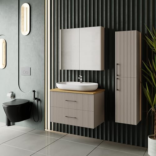 Badezimmermöbel Set Liana 80 Konsole Eiche | Keramikwaschbecken | Unterschrank | Spiegelschrank | Konsole | Waschbecken mit Unterschrank 80 cm | Softclose | Aufsatzwaschbecken | Konsolenwaschtisch