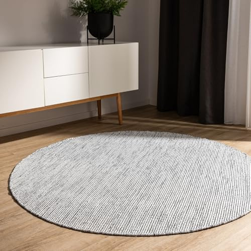 benuta Basic handgewebter Baumwollteppich Ron - Beige/Schwarz 120 cm rund - Handwebteppich 100% Baumwolle - rund im Stil: Uni, Minimalistisch, Natural Living - Pflegeleicht für Wohnzimmer Schlafzimmer