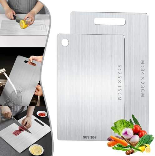 2 Stück Titan Schneidebrett,304 Schneidbrett aus Edelstahl,Doppelseitiges Schneidebrett in Lebensmittelqualität,Küche Titanium Cutting Board, leicht zu reinigen, für Fleisch,Gemüse,Obst