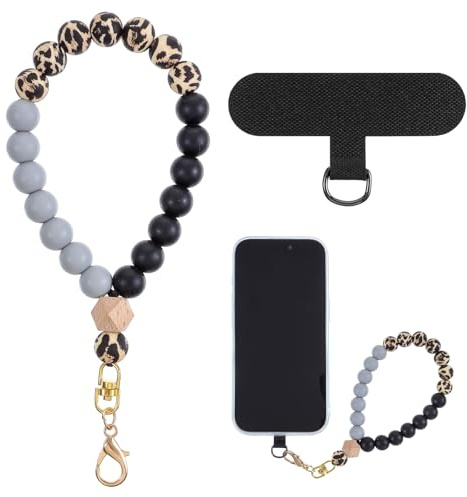 AOZUO Marble Silicone Beaded Phone Wrist Strap, Phone Wrist Lanyard with Tether Tab, Elastic Mobile Phone Chain Strap Hands-Free Phone Wristlet Bracelet with Patch for Shopping Walking Sport