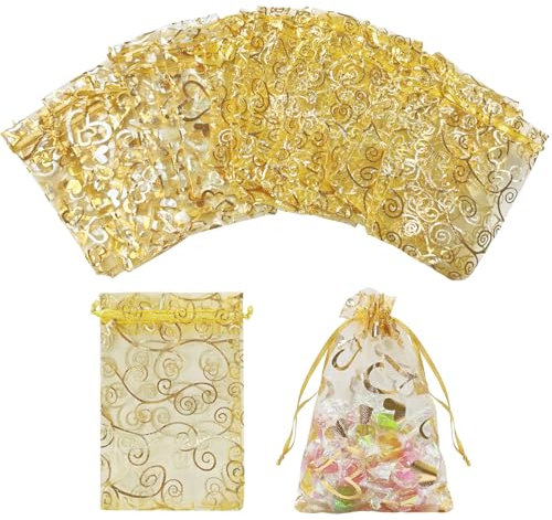 BATHRINS 100 Stücke Gold Organzasäckchen 10x15 cm Drucken Organzabeutel Kordelzug Geschenksäckchen Kleine Schmuckbeutel für Hochzeit, Party, Geburtstag, Festival