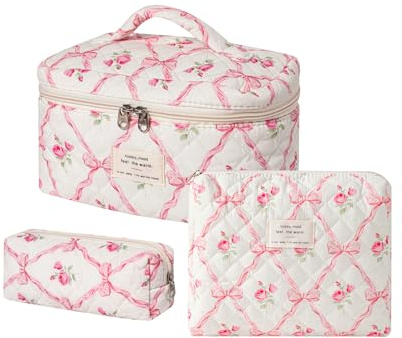 uekeboag Große Reise-Make-up-Tasche für Damen, gepolstert, Baumwolle, Blumenmuster, 3 x rosa Schleifen, Modisch