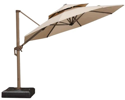3M Round Garden Cantilever Parasol with Waterproof Cover, Large Cantilever Offset Patio Umbrella with Tilt, 360° Rotation, Cross Base, Crank Handle, Overhanging Sun Shade For Balcony Outdoor, Khaki