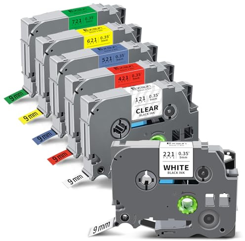 Exsun 6er-Pack Kompatibles Tze 9 mm Band für Brother TZe-121 TZe-221 TZe-421 TZe-521 TZe-621 TZe-721 laminiertes Etikettenband mit Brother P-Touch PT-H107B PT-H105 PT-H110LB PT-D410 PT-E100 PT-E200