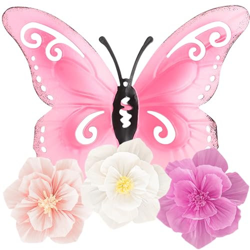 FOSDICK 24cm Metal Butterfly Wall Decor, Metal Garden Butterfly Wall Art Decor, Colorful Wall Sculptures with 3PCS Paper Flowers Decorations Hanging Ornaments for Garden Fence Home, (Pink, White)
