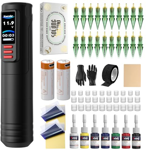 Nazzor Kit de tatuaje máquina de tatuaje con dos baterías de 1600 mAh, 20 cartuchos, bolígrafo de tatuaje, accesorios completos para principiantes (NA-TK8501-1)