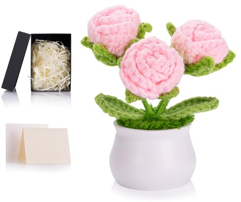 MAIBAOTA Handmade Pink Roses Crochet Flowers Knitted Flower Bouquet | Forever Rose Potted Plants Cute Small Birthday Gifts for Women Girls Mum Nanny Desk Decorations Accessories