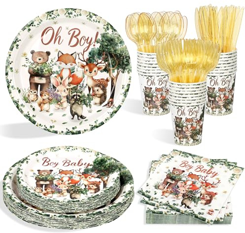 qonimi 175Pcs Woodland Baby Shower Party Supplies, Safari Jungle Animal Party Decorations Serves 25, Sage Green Plates Napkin Cups Gold Forks Spoons Knives Tableware Set for Boy Girls