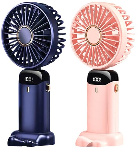 2 Pack Mini Portable Hand Held Fan, Handheld USB Rechargeable Fans with 5 Speeds, LED Digital Display Small Foldable Desk Desktop Fans With Base for Home Office Bedroom Travel (2 Pack-Darkblue+Pink)