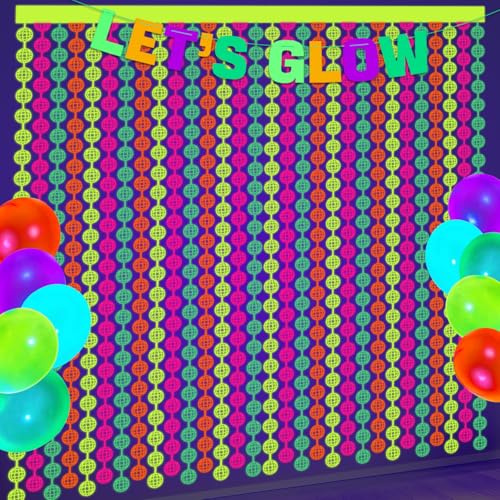 Neon Party Decorations - 2 Pcs Colorful Fluorescent Disco Tinsel Curtains Neon Streamers for Glow in the Dark Party Supplies Photo Booth Prop Backdrop Streamer