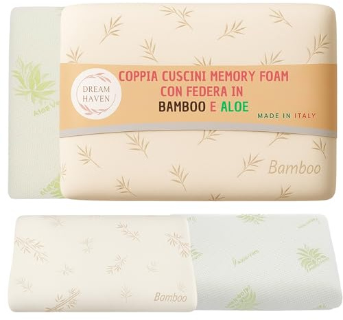 DREAM HAVEN Cuscino Memory Foam a Saponetta con federa in Aloe Vera, Cuscino letto Cervicale e Ortopedico, Guanciale Letto Anti Acaro e Anallergico (Coppia Cuscini Federa in Aloe e Federa in Bambù, 1)