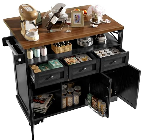 OOIILLEE Ilot de Cuisine Modulable Design 120x43 cm - Meuble de Cuisine et Table à Manger Roulante en Bois avec Plateau, Rangement Multifonction, Porte-Serviettes et roulettes