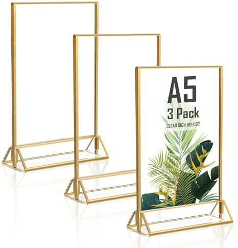 MeYuxg A5 Aufsteller Gold – 3 Stück Acryl Tischaufsteller Kartenhalter, Tischnummern Halter für Hochzeit, Flyerständer Tischdeko, Schicker Bilderrahmen für Kinderzeichnungen