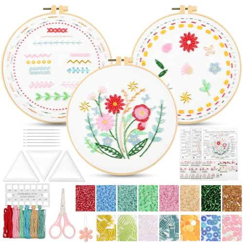 UXORSN Juego de bordado con cuentas para principiantes, adultos, 3 juegos de cuentas Bling Bling Bling para punto de cruz, con instrucciones de video paso a paso, kit de bordado con 19 puntos para