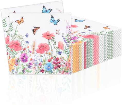 40 Stück Servietten Blumen im Set 2 Packungen Papierservietten mit Wildblumen Motiv für Tischdeko Servietten Frühling Schmetterling Osterservietten Saugstark Party Hochzeit Taufe 33x33cm