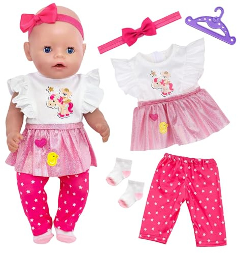 5 Stück Kleidung Outfits für 14-18 Zoll Baby Puppen, Baby Puppenkleidung Outfits 36cm Rosa Pailletten Kleider Hose Kopfbedeckungen Socke Kleiderbügel 30-45cm Puppenzubehör für Mädchengeburtstag