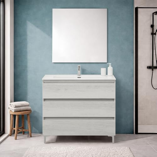 Inbagno Mobile Bagno A Terra 100 Cm Quercia Bianca Con 3 Cassetti Soft-Close, Lavabo In Ceramica – Mobile Bagno Completo Linea Leda