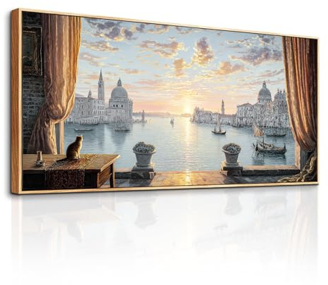 SERIMINO Modern Wandbild mit Rahmen Vintage Landschaft Bilder 73x146 cm | Venedig Sonnenuntergang, Hd Druck, Matte Leinwand, Sanfte Farben, Gute Verarbeitung, Einfache Montage, Dekorgerecht