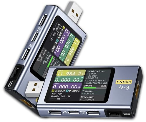 FNB58 USB Kabeltester mit 2,0 Zoll Display, 4–28V, 7A, USB-A & USB-C Multimeter mit Schnellladungserkennung, Auslöser, Kapazitätsmessung, Welligkeitsmessung, PD2.0/PD3.0, QC2.0/QC3.0 (Mit Bluetooth)