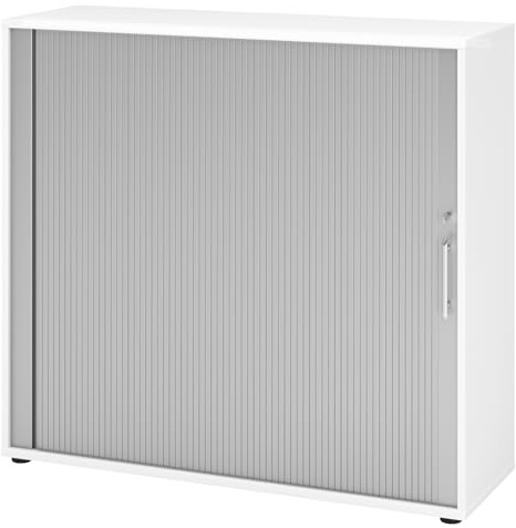 bümö Aktenschrank abschließbar mit Rollladen, Rollladenschrank für Ordner & Co. - Büroschrank mit Rollo, abschließbarer Ordnerschrank aus Holz in Weiß/Silber mit Relinggriff