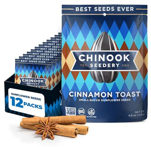 Chinook Seedery Sunflower Seeds to Eat — Jumbo, Flavored, Roasted, Low Sodium Snacks — Keto Friendly, Gluten-Free, Non-GMO — Cinnamon Toast Flavor 4 oz (12-Pack)