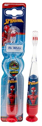 Marvel Spiderman Flashing Toothbrush for Kids with 2 Minute Flashing Light, Comfortable Handle Grip, Soft Rounded Bristles and Suction Cup for Upright Storage for Children Ages 3+
