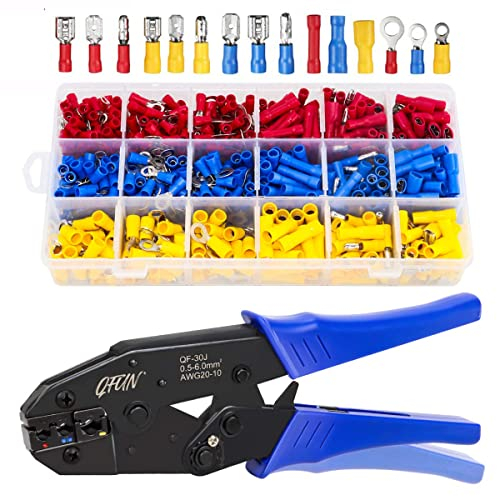 Pince à Sertir à Cliquet pour Cosses Pré-Isolées, Qfun 700 pièces cosses AWG20-10(0,5-1,5 mm²) (1,5-2,5 mm²) (4-6 mm²) Pince électricien Outils Bornes électriques