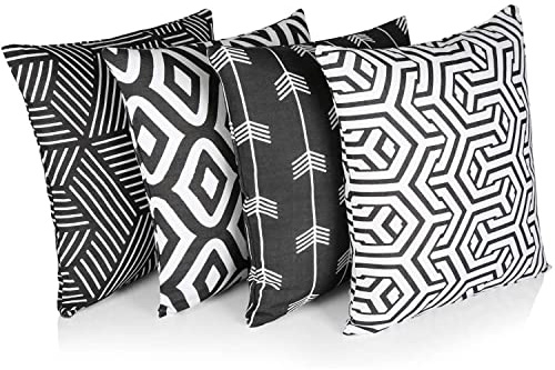 Penguin Home 4Er - Pack Dekorative Quadratische Kissen Aus Baumwolle, Luxuriöse, Stilvolle Für Wohnzimmer, Sofa, Schlafzimmer, Mit Unsichtbarem Reißverschluss, 45X45 cm (18),Schwarz/Weiß - Mischen