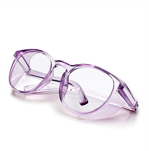 Safety Goggles Anti-Fog Tactical glasses with Side Shields Clear Safety glasses with Anti-Scratch UV400 protection Lens Goggles Inside Eyeglasses (Transparent frame&Clear lens)(Purple)