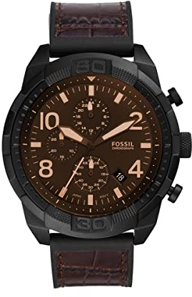 Fossil Bronson Orologio da uomo, movimento cronografo, cassa in acciaio inossidabile nero da 50 mm con cinturino in pelle, FS5713, Marrone scuro