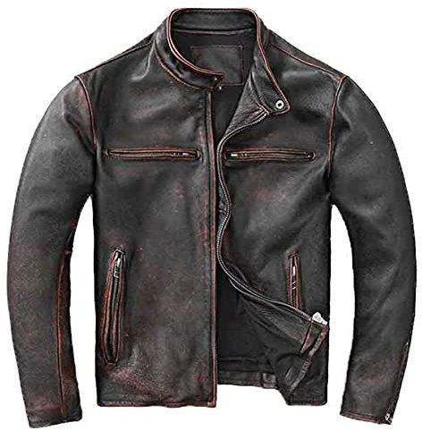 SHOP OF JACKETS LIMITED Veste de moto en cuir vieilli | Veste vintage en cuir véritable noir pour homme | Vêtements de moto pour homme, Noir , 3XL