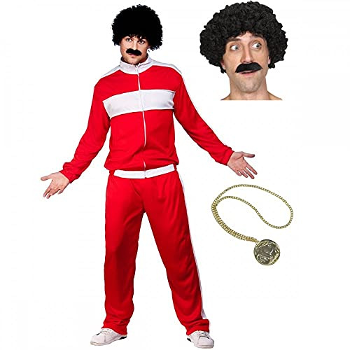 A2ZFD Scouser Tracksuit + Wig & Tash + Gold Medallion Mens Fancy Dress 1980s Shell Suit 80s Costume (One Size (44))
