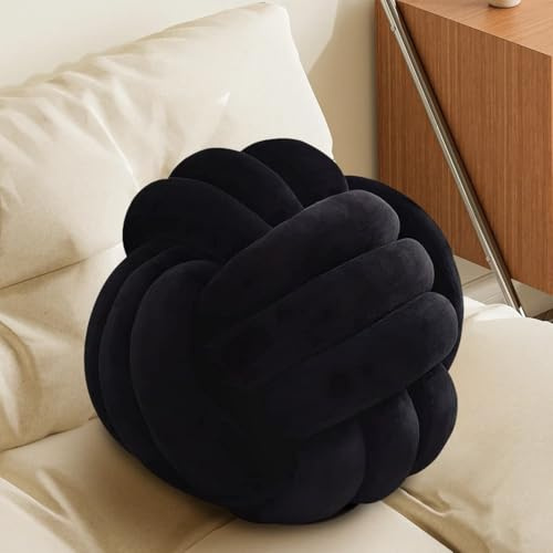 Black Knot Pillow Ball, Handmade Decorative Throw Pillow, Soft Round Knotted Cushion for Couch & Bedroom, Cute Home Decor, Braided Pillow for Living Room (10.6 Inches)