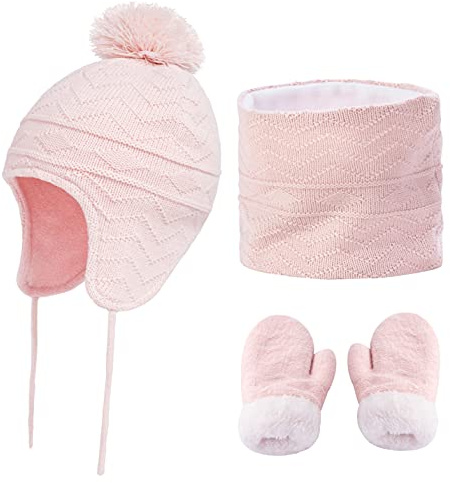 CheChury Bambino Cappello Inverno Sciarpa e Guanti 3 Pezzi Set Infantile Cappello a Maglia Berretto Fodera in Pile Polare con Pompon per Neonato Ragazze Ragazzi 1 a 6 Anni,Rosa,S