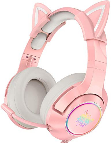PHNIXGAM Pink Gaming Headset for PS4, PS5, Xbox One(No Adapter), Wired Over-Ear Headphones with Detachable Cat Ears, Microphone, RGB Backlight, Surround Sound for PC, Mobile Phone