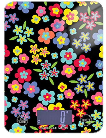 Poeticcity Colorful Floral Flowers Retro Style on Black Tempered Glass Kitchen Scales, Digital Weight Grams and Oz Food Scales for Cooking Baking Meal Prep Home Weight Loss Health Diet