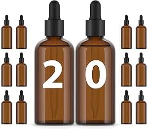 Essenciales 20 leere Tropfflaschen mit Pipette aus Glas, 100 ml, wiederbefuellbare Behaelter fuer Kosmetik, Labor und Aromatherapie