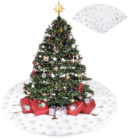 SLFYEE 120CM Weihnachtsbaum Decke Groß Christbaumständer Teppich Weiß Schnee Deko Christbaumdecke Rund für Weihnachtsbaum Dekoration Silber