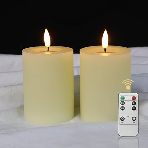 LUCOZA Lot de 2 Bougies LED pilier Sans Flamme avec Minuterie et Télécommande Pour Usage Intérieur, 10 cm Bougies en Cire Véritable LED à Piles, Bougie Pilier Réaliste avec Mèche 3D, Crème