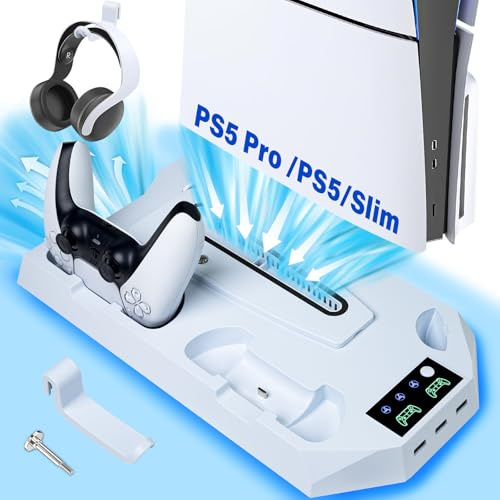 Sehawei PS5/Slim/P5 Pro Ständer mit 3 stufig Lüfter & 3 Extra USB Ports | mit PS5 Controller Ladestation,Headset Halter,Fernbedienung Slot ,für PS5 Slim Disc & Digital/PS5/PS5 Pro Disc & Digital