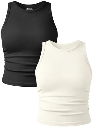 OQQ Tank Top für Damen 2er Pack Rundhals Top Ohne Ärmel Frauen Slim Fit Damen Basic Cami Top Schwarz Beige