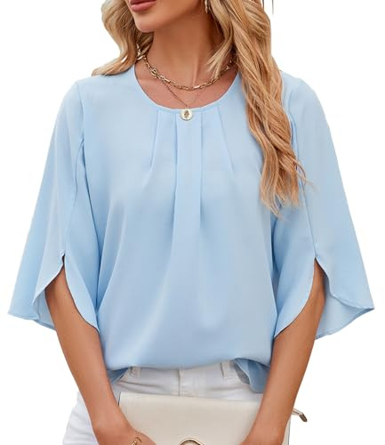 Chemisier Femme Chic et Élégant Top à Manches Courtes Blouse en Mousseline à Col Rond Plissé Tunique à Manches 3/4 Fendues Haut pour Bureau Fête