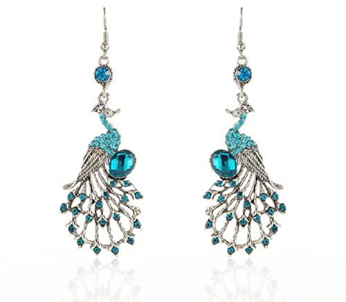 Pfauen-Kronleuchter-Ohrringe, Pfau Vogel-Ohrringe für Frauen, Böhmische Pfauen-Aussage-Ohrringe, Funkelnde Phönix Ohrstecker Pfau Boho Schmuck, Niedliche Pfauen-Ohrringe (Blau)