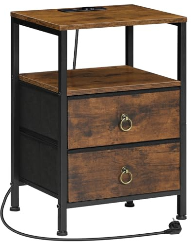 HOOBRO Mesita de Noche con Estación de Carga, Mesa Auxiliar con 2 Cajones de Tela, con 1 Enchufe y 2 Puertos USB, Mesa de Sofá Industrial para Salón, Dormitorio, Marrón Rústico y Negro EBF110CBZ01
