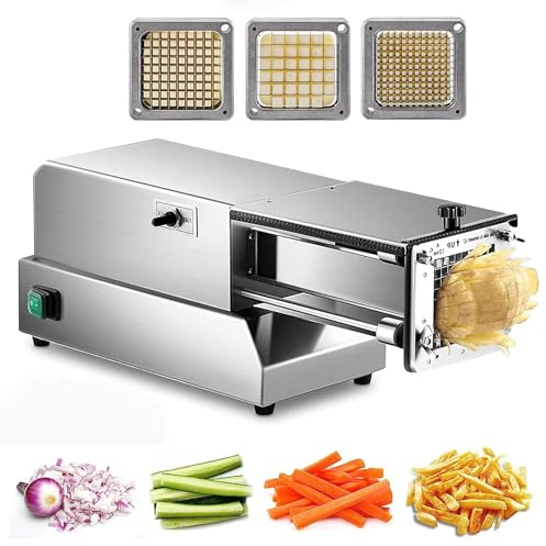 HLGKBY Stainless Steel Potato Chipper Electric French Fry Cutter with 8mm, 10mm, 12mm Blade, Professional Commercial and Household Potato Slicer, Use for Potatoes, Carrots
