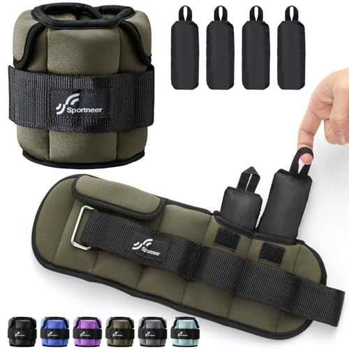 Sportneer justerbara ankelvikter: Förbättrade justerbara benviktigheter, viktmanschetter för gym, fitness, träning, 0,5–2,3 kg per fotled, 0,9–4,5 kg per par (armégrön)