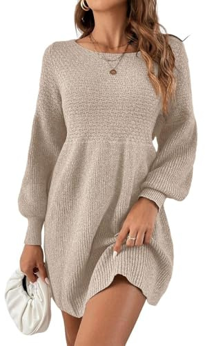 Saodimallsu Vestido de Punto para Mujer, Cuello Redondo, Mangas Abullonadas, Cintura Alta, Elegante, Línea A, Mini, Albaricoque, M