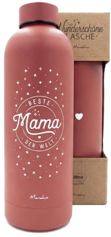 Manahia Geschenk Mama Isolierflasche - Beste Mama der Welt - 500ml Edelstahl Thermoflasche Dunkelrosa Sterne & Herz - Geschenkidee Muttertag & Geburt - Inkl. Geschenkbox