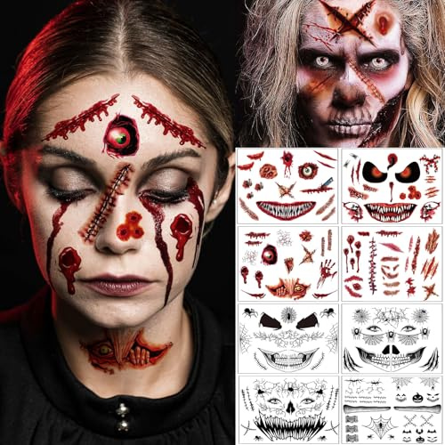 Narben Halloween Wunden Skelett Tattoo Gesicht, Face Mund Tattoo Karneval